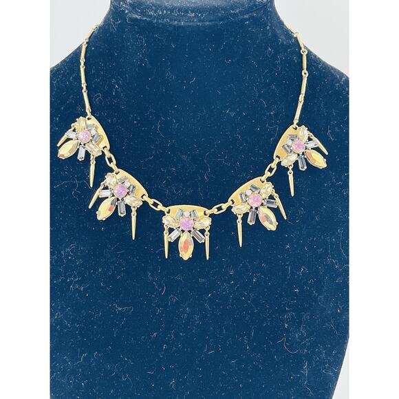 J. Crew Gold Tone Rhinestones Pink Spike Dangles Necklace Smoky Black White Flor - Picture 13 of 16